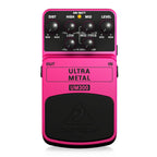 Behringer UM300 Ultra Metal effects pedal for guitar, showing the compact pedal with metal casing and control knobs.