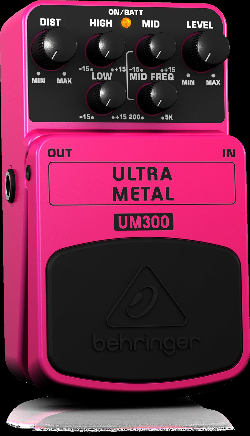 Behringer UM300 Ultra Metal effects pedal with metal enclosure and control knobs for guitar distortion and heavy metal sound.
