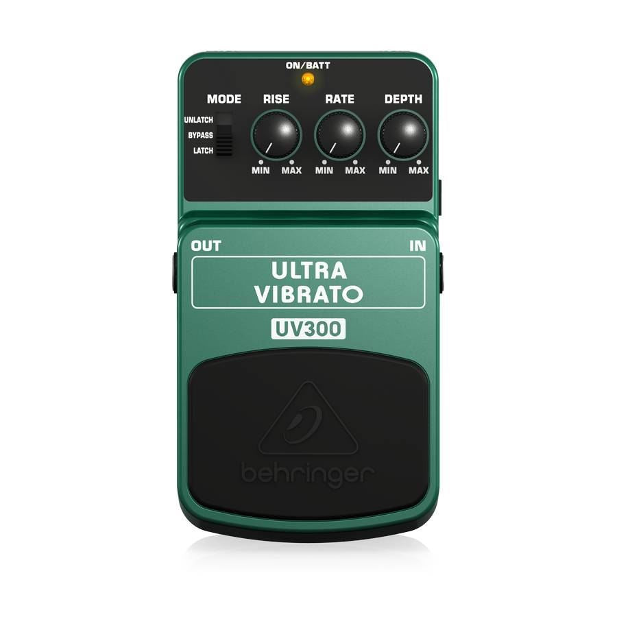 Behringer UV300 Ultra Vibrato effects pedal with controls and input/output jacks, used for guitar or keyboard effects.