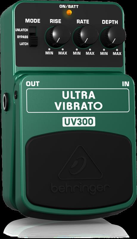 Behringer UV300 Ultra Vibrato effects pedal with control knobs and input/output jacks, designed for electric guitar.