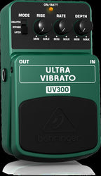 Behringer UV300 Ultra Vibrato effects pedal with control knobs and input/output jacks, designed for electric guitar.