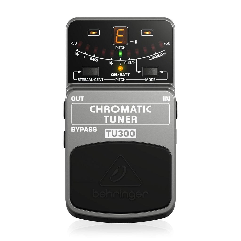 Behringer TU300 chromatic tuner pedal with display and control knobs for guitar or bass tuning.