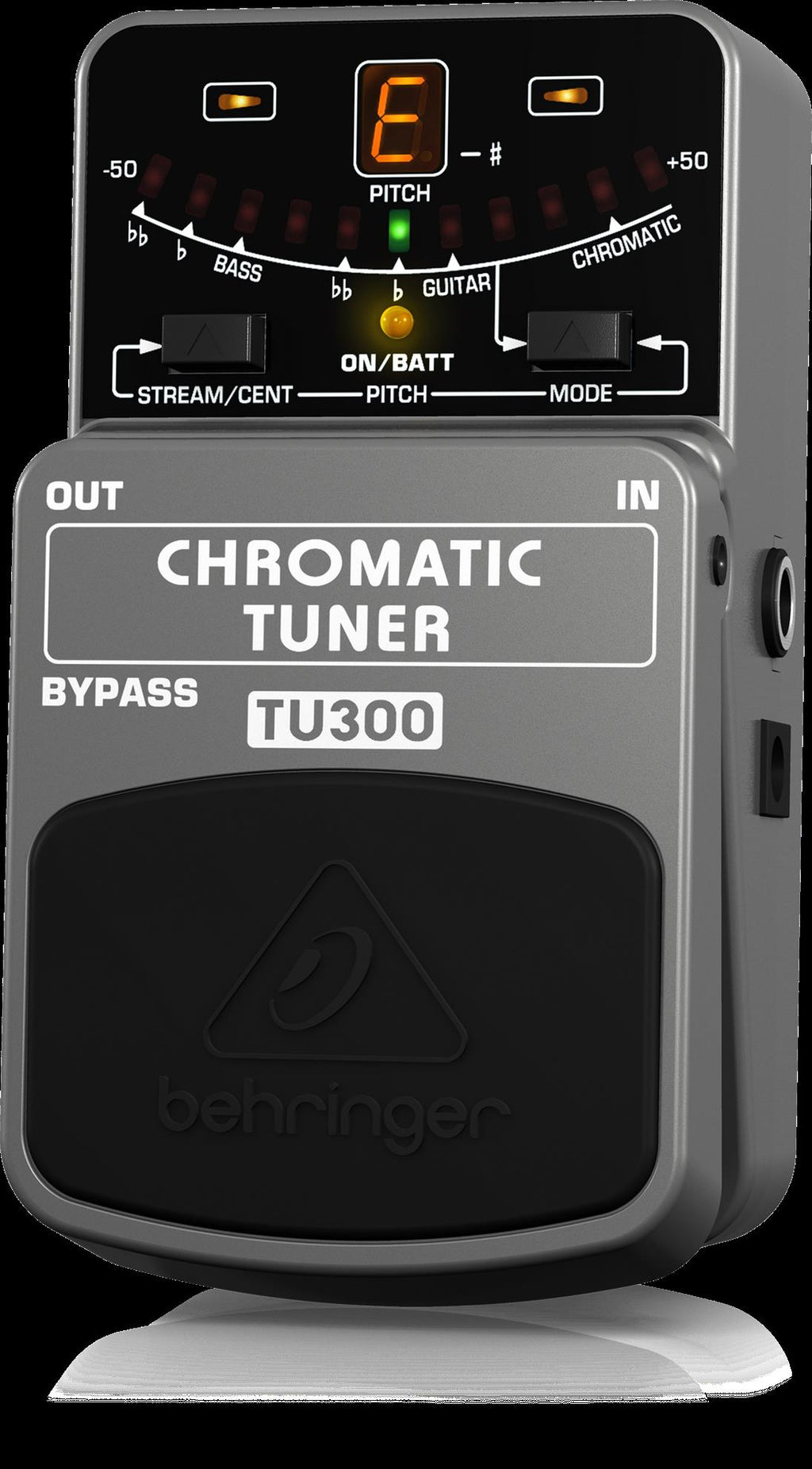 Behringer TU300 chromatic tuner pedal with LED display and control knobs for accurate guitar and bass tuning.