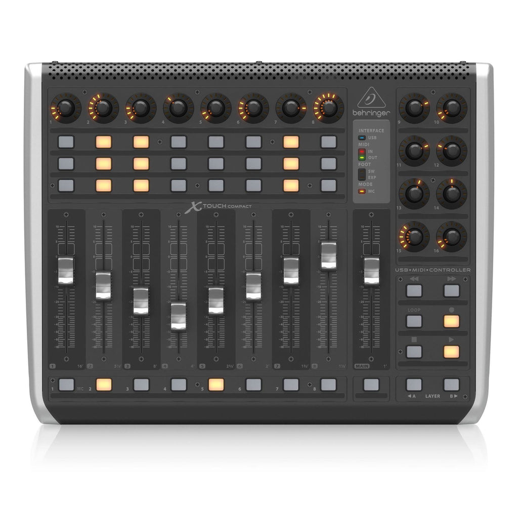 Behringer X-Touch Compact USB controller keyboard with knobs and buttons for music production and digital audio control.