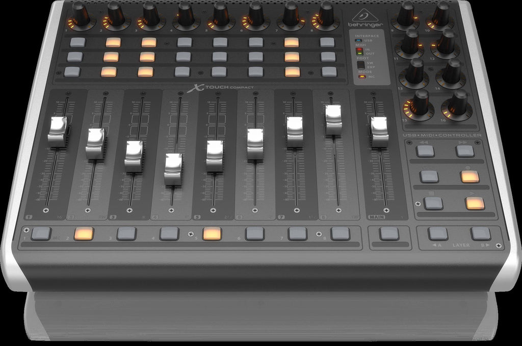 Behringer X-Touch Compact USB Controller keyboard with knobs and faders for music production and mixing.