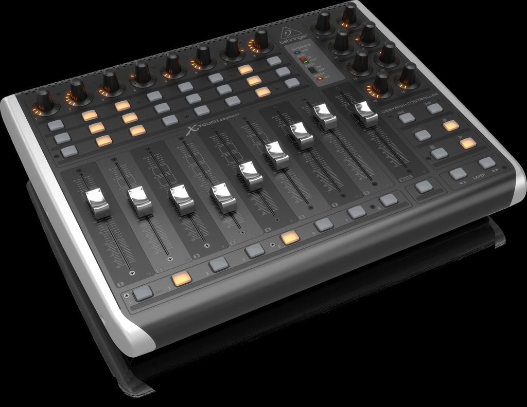 Behringer X-Touch Compact USB controller keyboard with knobs and buttons for music production and digital audio control.