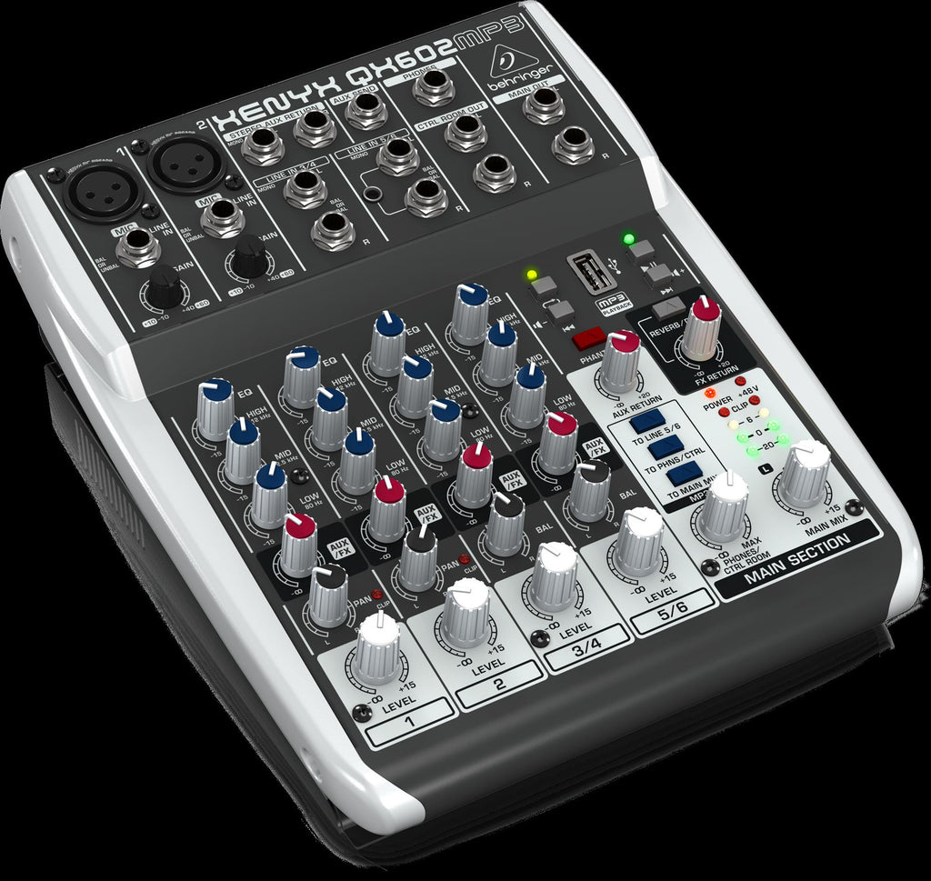Behringer Xenyx QX602MP3 analogue mixer with multiple channels and built-in effects, featuring knobs and input jacks.