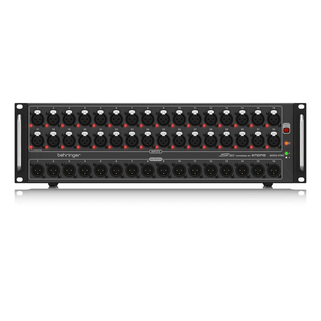 Behringer S32 digital snake interface for PA systems, showing input and output ports with a sleek black design.