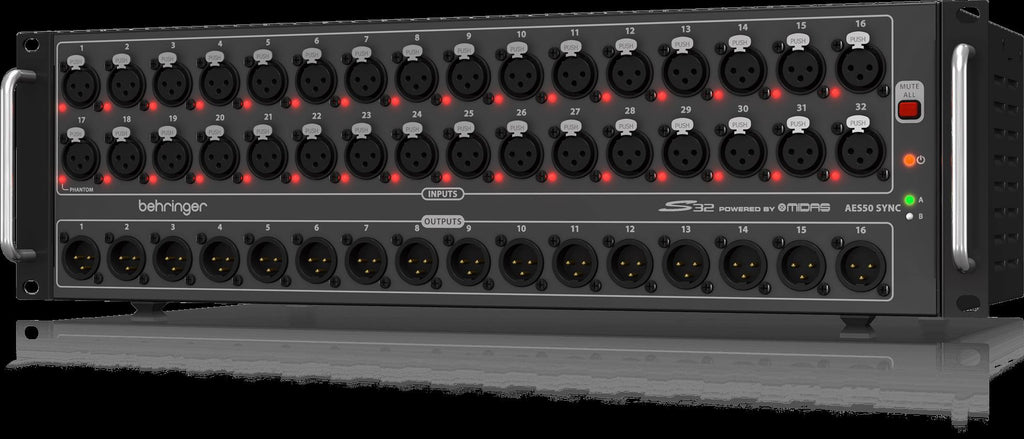 Behringer S32 digital snake interface with input and output ports, used as a PA accessory for audio mixing and stage setup.