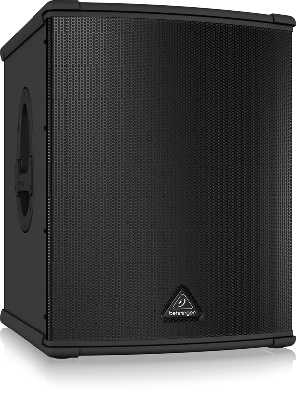 Behringer Eurolive B1500XP powered subwoofer with rugged speaker enclosure and control panel, designed for professional audio setups.