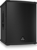 Behringer Eurolive B1500XP powered subwoofer with rugged speaker enclosure and control panel, designed for professional audio setups.