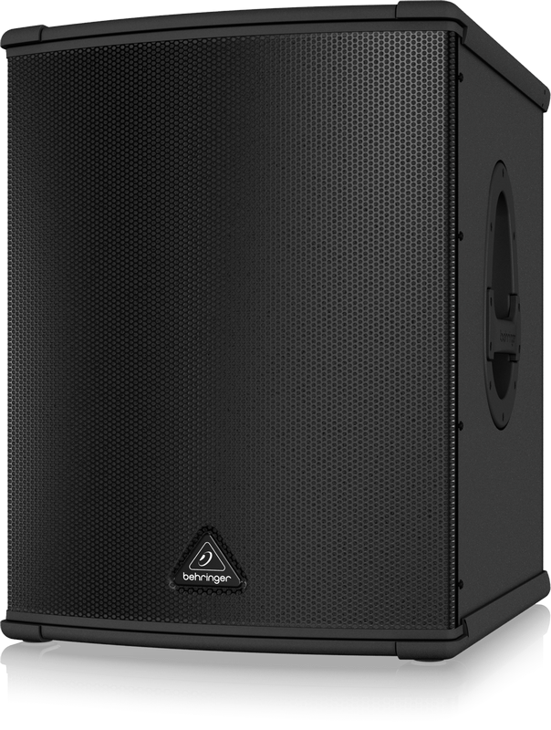 Behringer Eurolive B1500XP powered subwoofer with sturdy black enclosure and control panel, designed for professional sound systems.