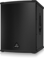 Behringer Eurolive B1500XP powered subwoofer with sturdy black enclosure and control panel, designed for professional sound systems.