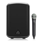 Behringer Europort MPA100BT portable PA system with microphone and speaker setup in a performance setting.