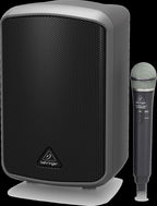 Behringer Europort MPA100BT 100w speaker package with microphone, showcasing portable PA system design and features.