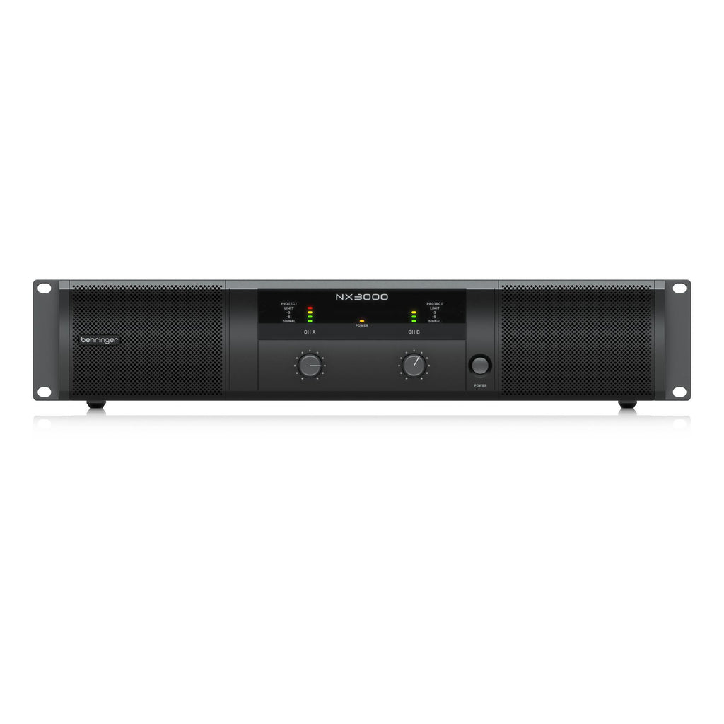 Behringer NX3000 power amplifier with SmartSense display, shown with control knobs and input connections for audio amplification.
