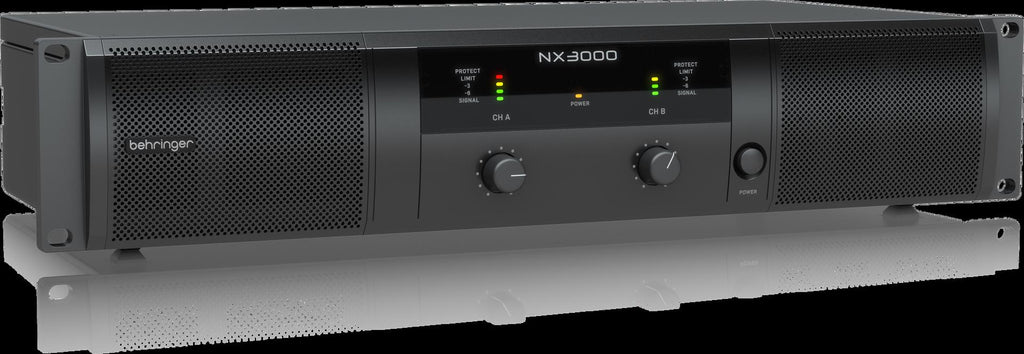 Behringer NX3000 power amplifier with Smartsense control and ventilation, shown with front panel and control knobs.