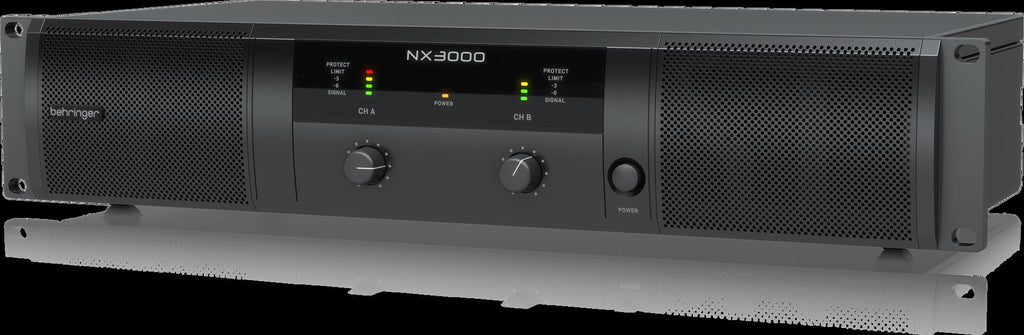 Behringer NX3000 power amplifier with Smartsense feature, showing front panel controls and display for professional audio amplification.