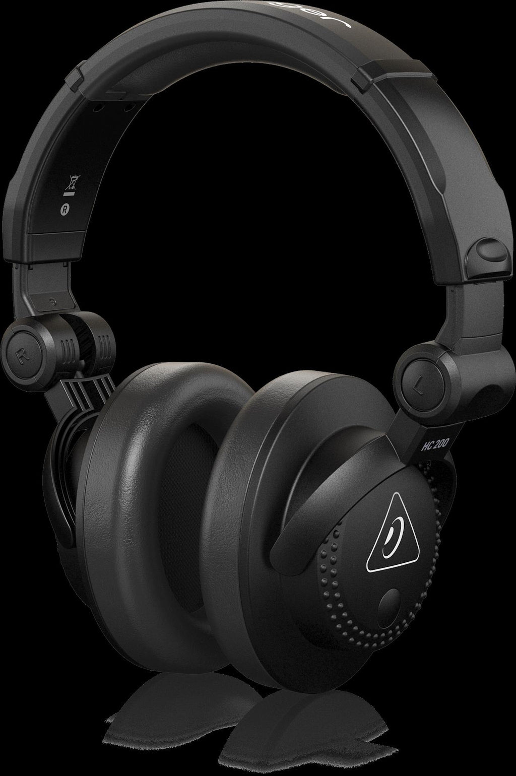 Behringer HC200 DJ studio closed-back headphones with padded ear cups and adjustable headband on a white background.