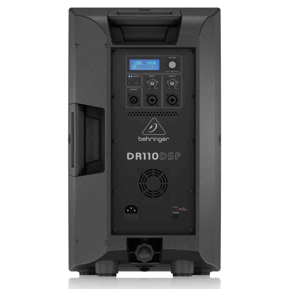 Behringer DR110DSP 1000W 10-inch active PA speaker with built-in 2-channel mixer, showing front grille and control panel