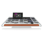 Behringer Wing digital mixing console with touchscreen, faders, knobs, and professional audio controls