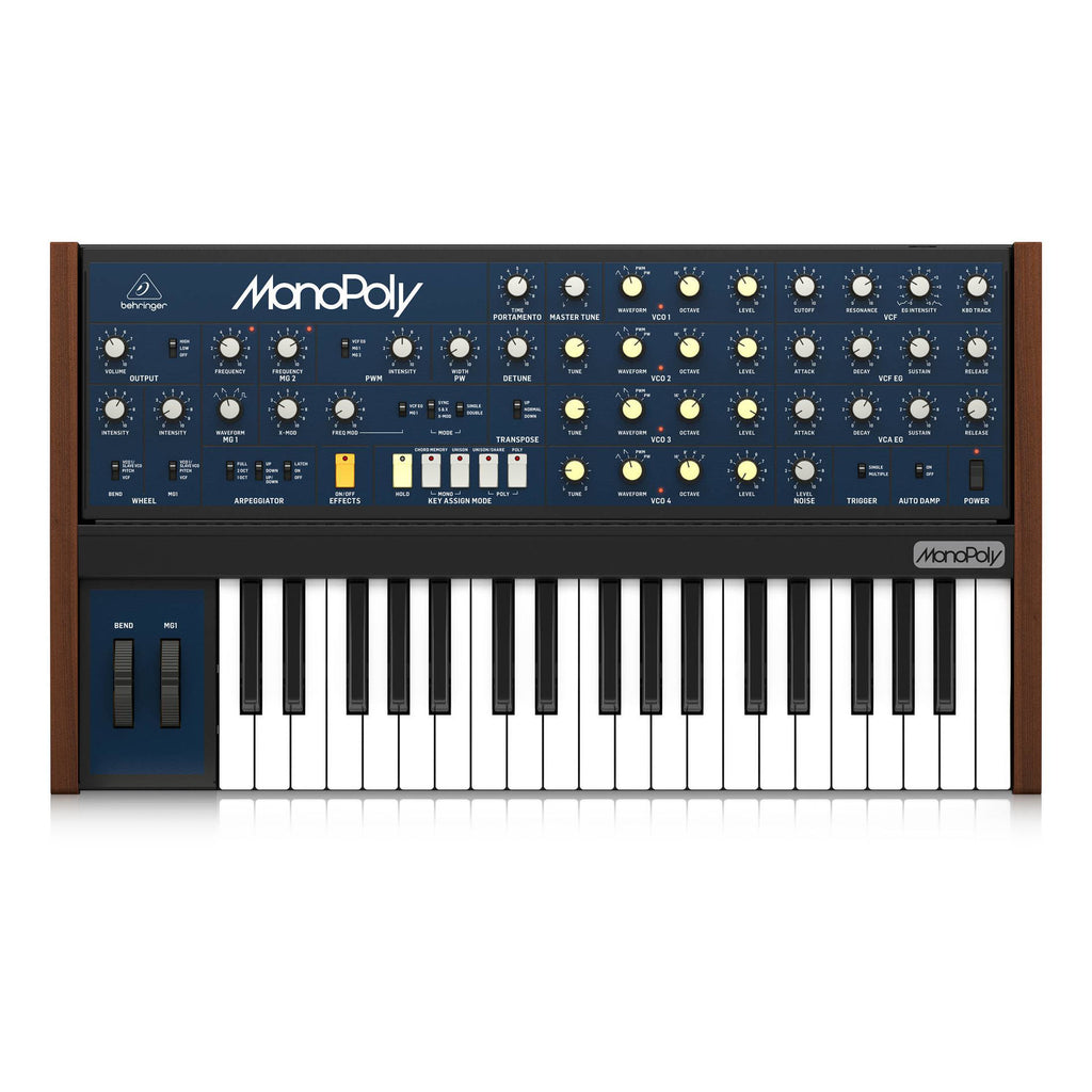 Behringer Monopoly analog polyphonic synthesizer keyboard with vintage-style controls and colorful knobs on a black background.