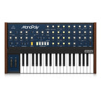 Behringer Monopoly analog polyphonic synthesizer keyboard with vintage-style controls and colorful knobs on a black background.