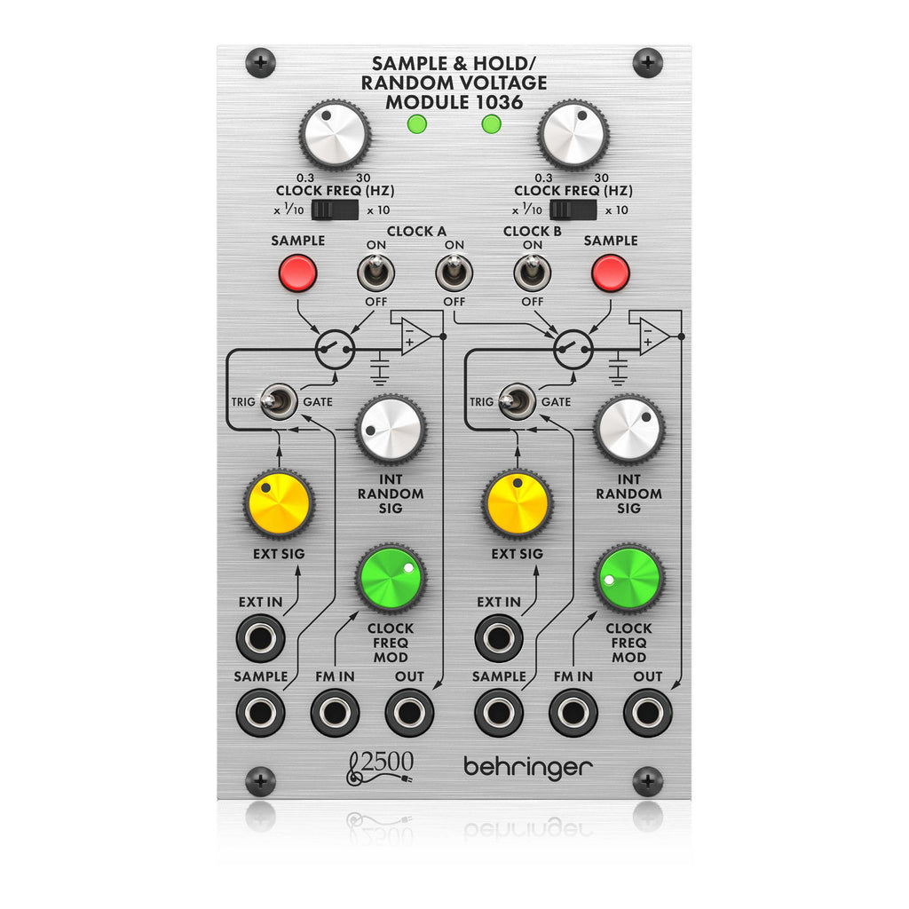 Behringer 1036 Sample and Hold Random Volt Module in a synthesizer rack, showcasing knobs and connectors.