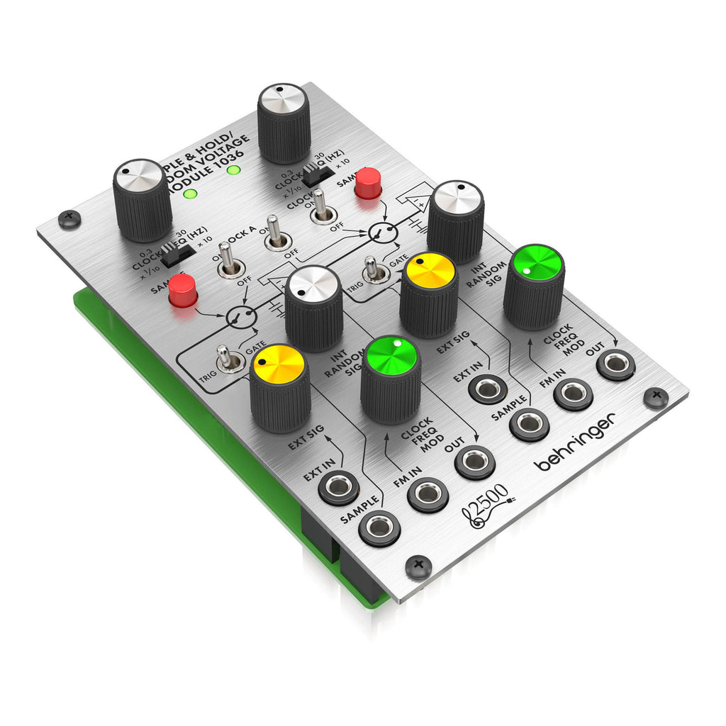 Behringer 1036 Sample and Hold Random Volt Module in a synthesizer rack, showcasing knobs and connections.
