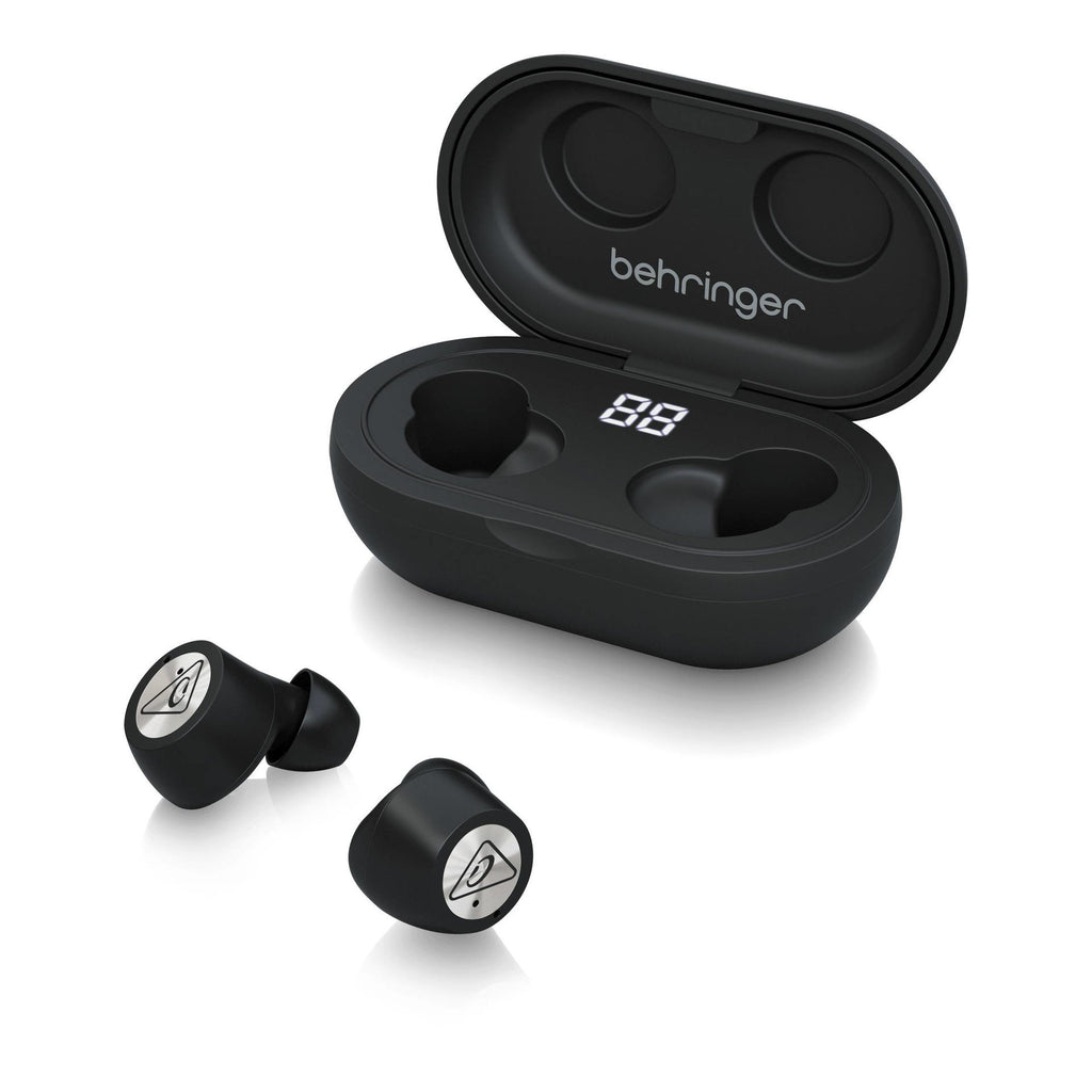 Behringer True Buds audiophile Bluetooth headphones showcasing sleek design and ergonomic fit.