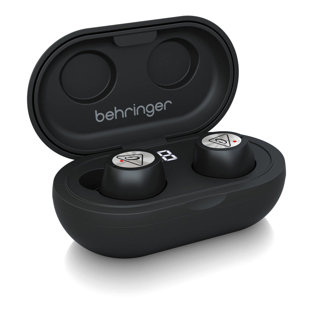 Behringer True Buds audiophile Bluetooth headphones in sleek design, showcasing ear tips and controls.