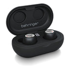 Behringer True Buds audiophile Bluetooth headphones in sleek design, showcasing ear tips and controls.