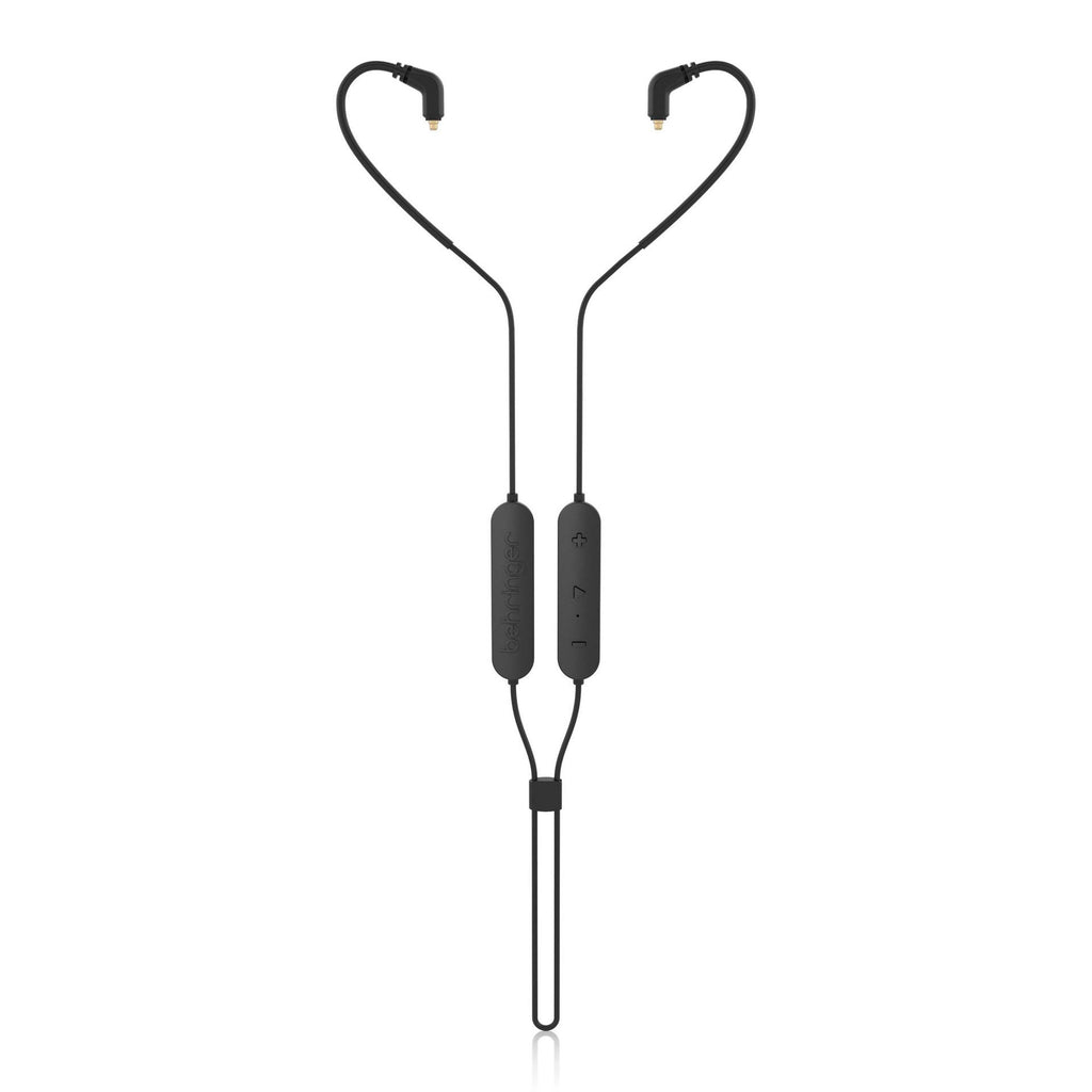 Behringer BT251BK Bluetooth adapter connecting to MMCX headphones on a white background.
