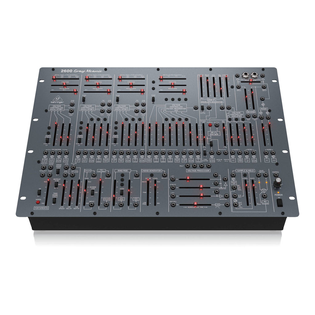 Behringer 2600 Gray Meanie analog synthesizer in 8RU rack with knobs and patch points for modular sound creation.
