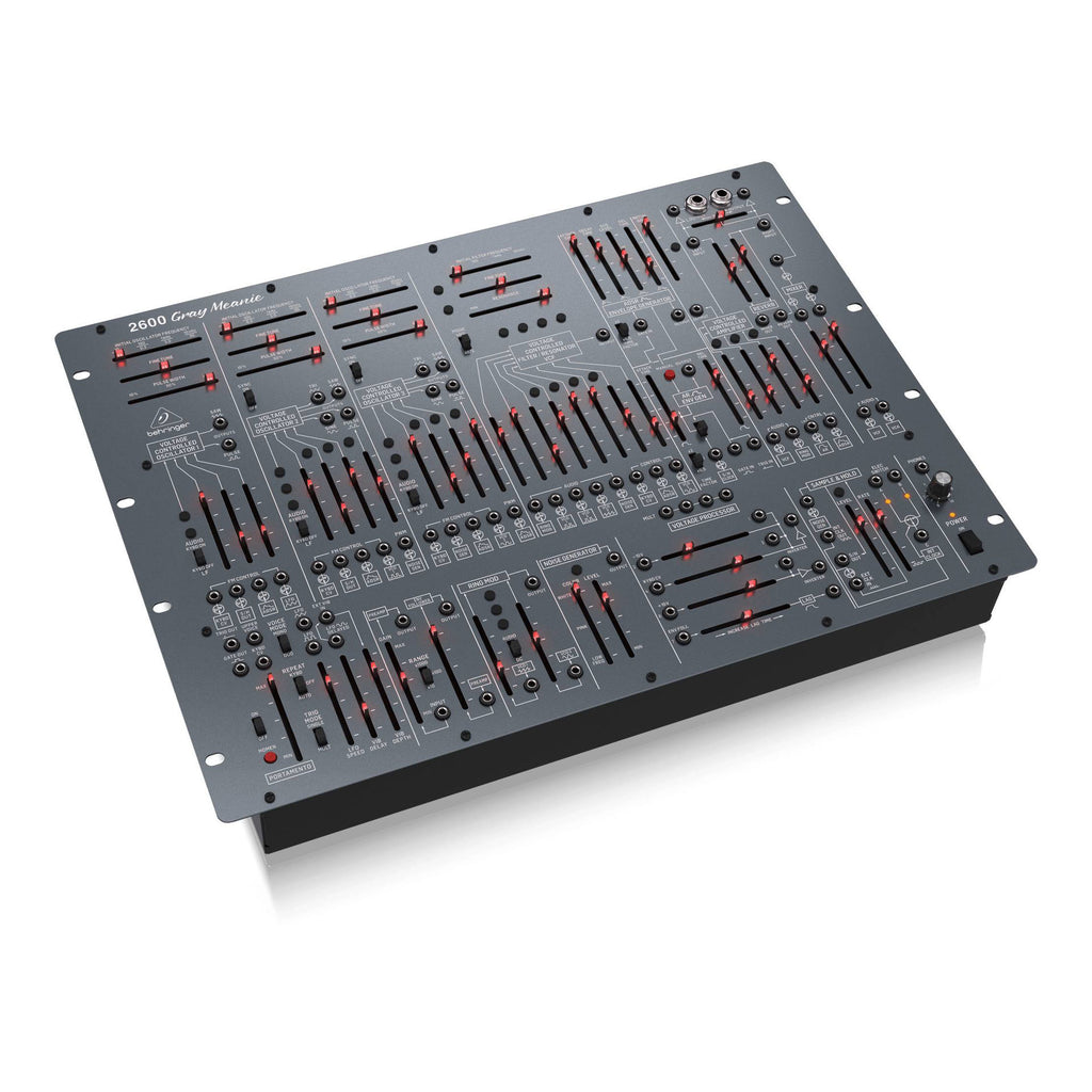 Behringer 2600 Gray Meanie analog synthesizer rack module with control knobs and patch points, 8RU size.