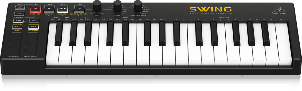 Behringer Swing 32-Key USB controller keyboard with a sleek design and illuminated keys on a black background.