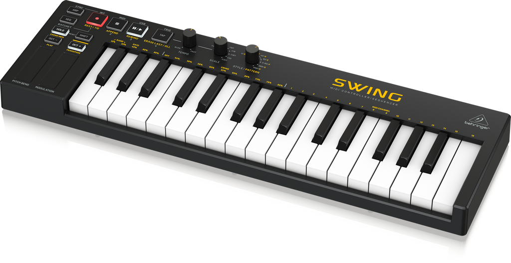 Behringer Swing 32-Key USB Controller Keyboard with 32 keys and various control knobs displayed on a clean background.