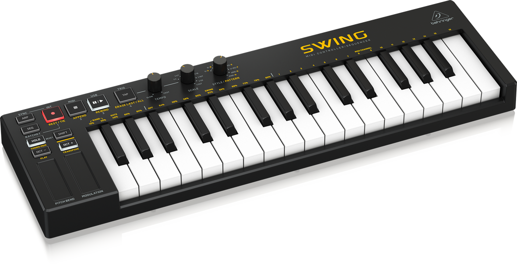 Behringer Swing 32-key USB controller keyboard with a sleek design and compact keys for music production.