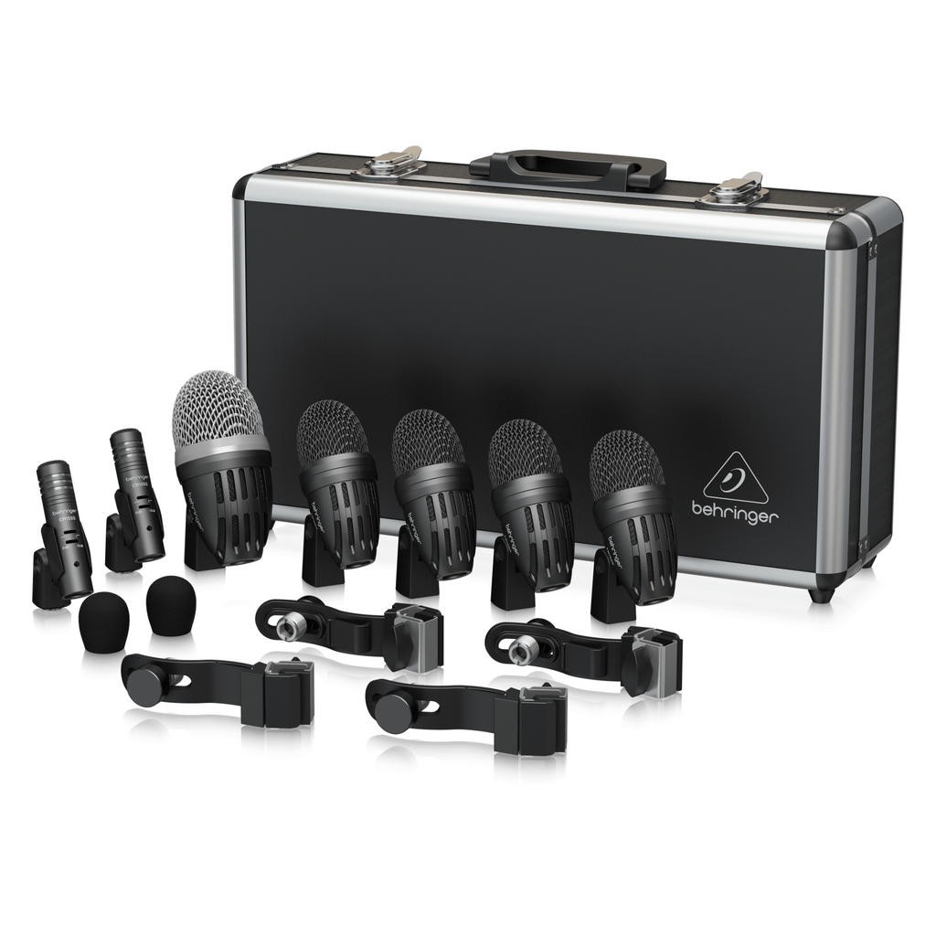 Behringer BC1500 7-piece wired drum mic set with microphones for live drum kit recording and amplification.