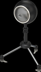 Behringer BV-BOMB Vintage Bomb USB microphone with a retro design and a sleek black finish on a white background.