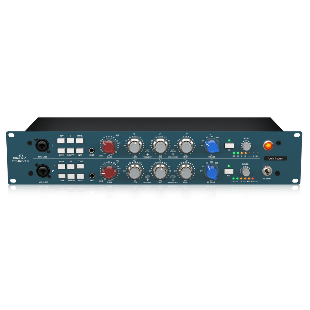 Behringer 1273 2-channel mic preamp and EQ studio outboard unit with knobs and input jacks for professional audio processing.
