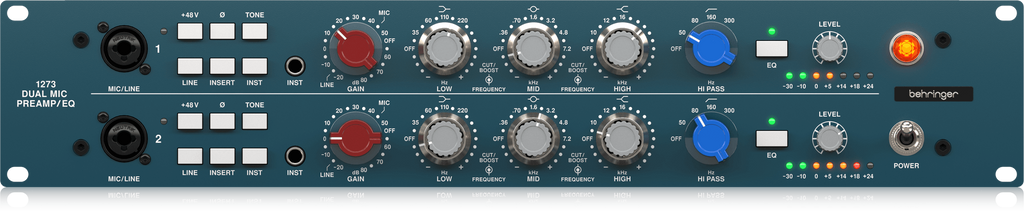 Behringer 1273 2-channel mic preamp and EQ studio outboard unit with knobs and controls on a black metal chassis.