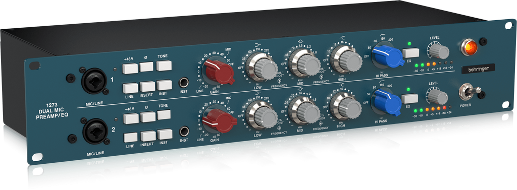 Behringer 1273 2-channel studio outboard mic preamp and EQ with vintage-style controls and dual input channels.