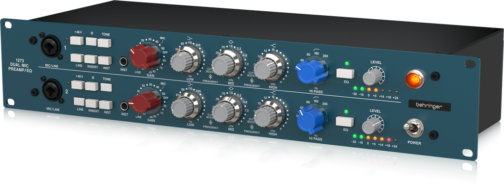 Behringer 1273 2-channel studio outboard mic preamp and EQ with control knobs and input/output jacks visible.