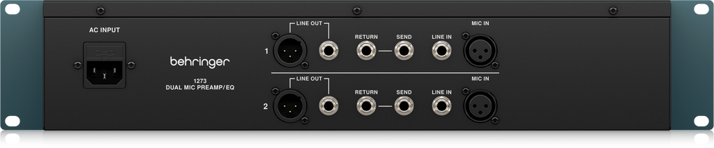 Behringer 1273 2-channel mic preamp and EQ studio outboard unit with knobs and input/output jacks in a professional audio setup.