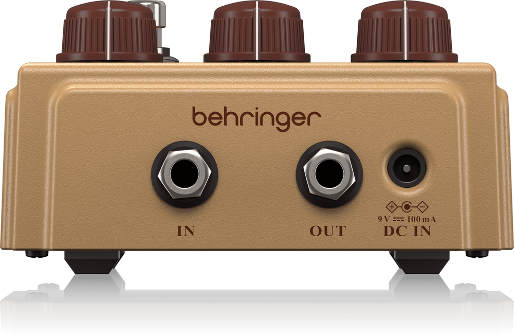 Behringer Centara overdrive effect pedal for guitar, showing the compact black effects pedal with control knobs and input jack