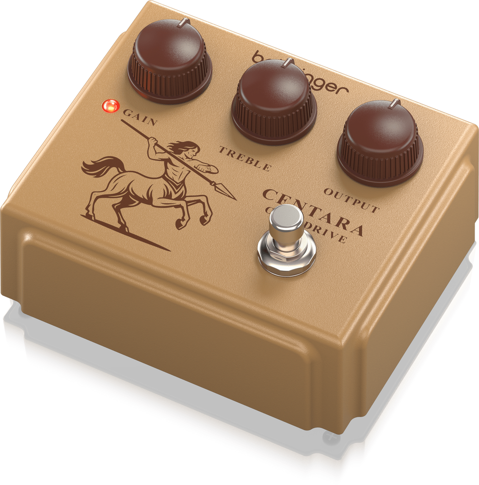 Behringer Centara overdrive effect pedal with input and control knobs, designed for guitar effects and sound enhancement.