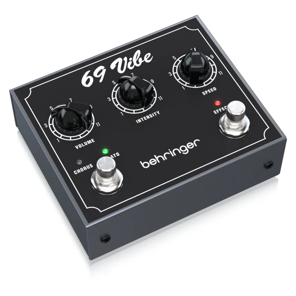 Behringer 69 Vibe guitar effect pedal with vintage-style controls and colorful casing for electric guitar sound effects.