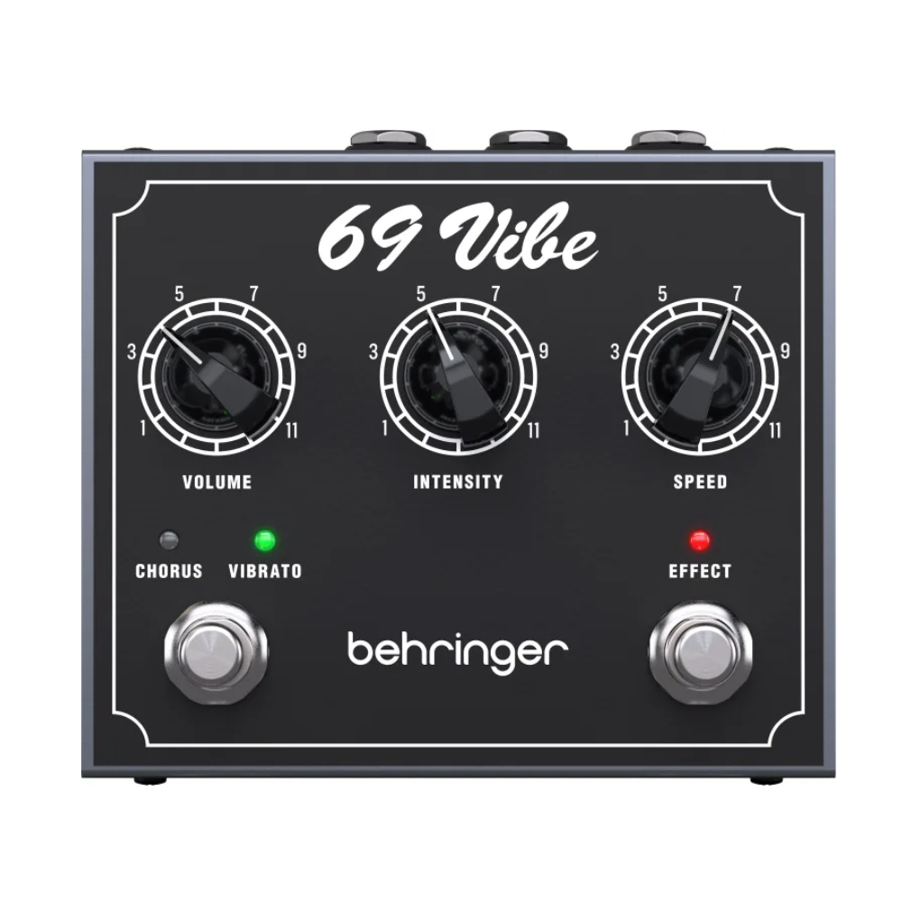 Behringer 69 Vibe guitar effect pedal with control knobs and input/output jacks, designed for electric guitar sound modulation.