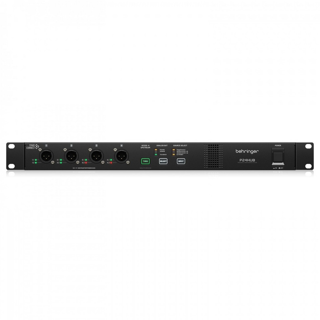 Behringer P24 Hub digital rack mixer with multiple input/output connections and a compact design for stage setups.